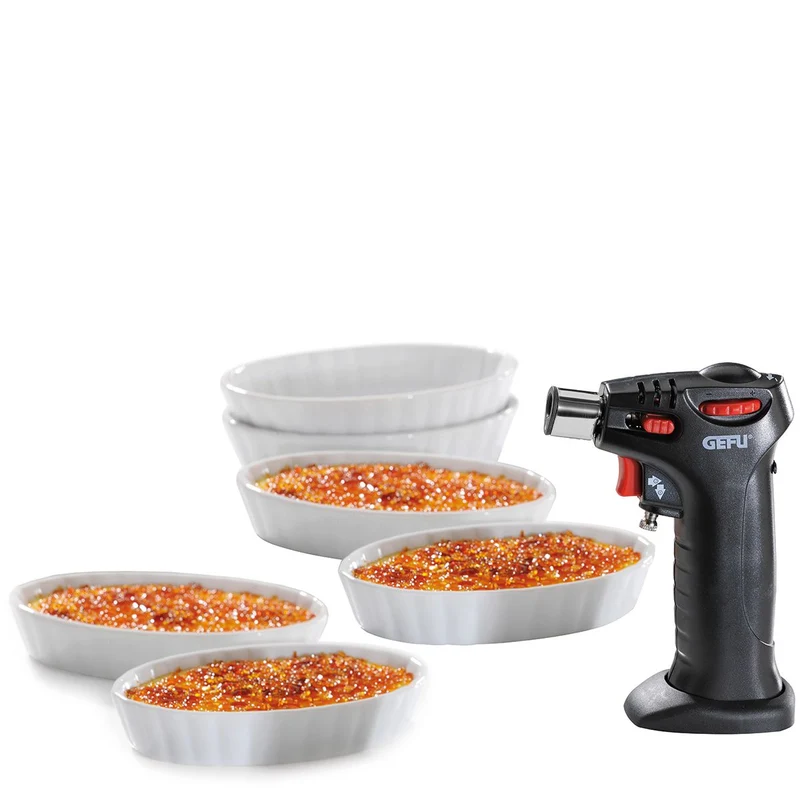 -GEFU- "CARMELLO" Crème Brûlée-Set, 7-tlg. Flammbierbrenner, 6 Porzellanschälchen